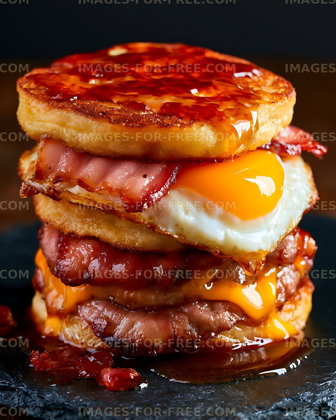 Close-up stacked breakfast sandwich with egg and bacon
