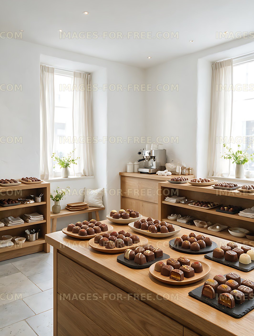 Bright chocolate shop interior with pralines and wooden displays