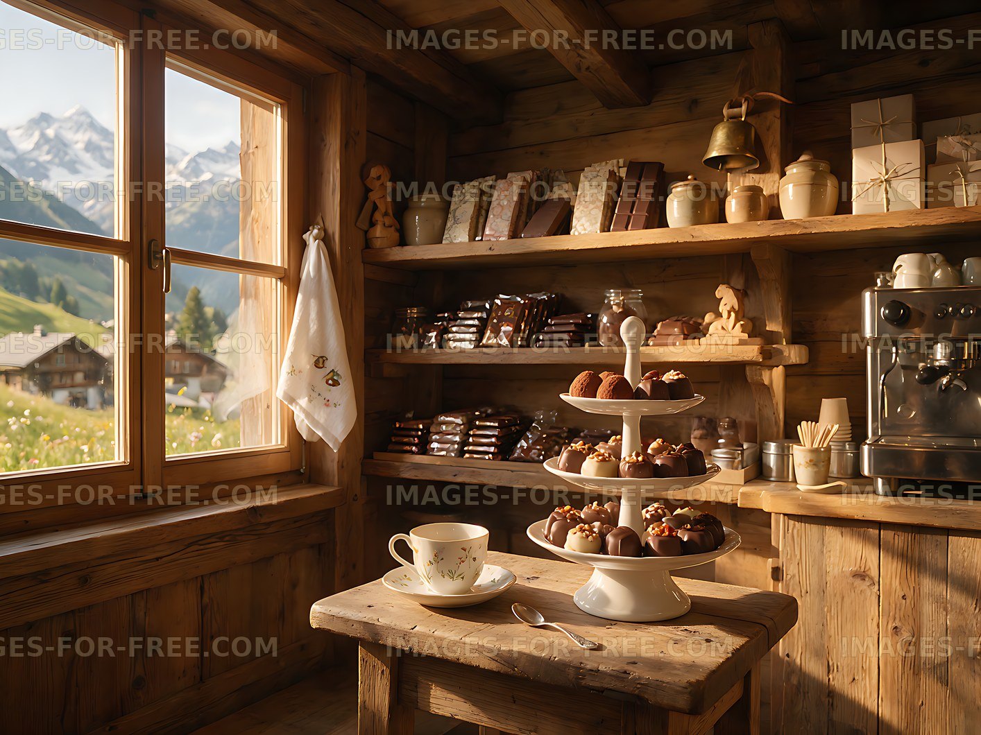 Cozy chocolate shop with alpine mountain scenery