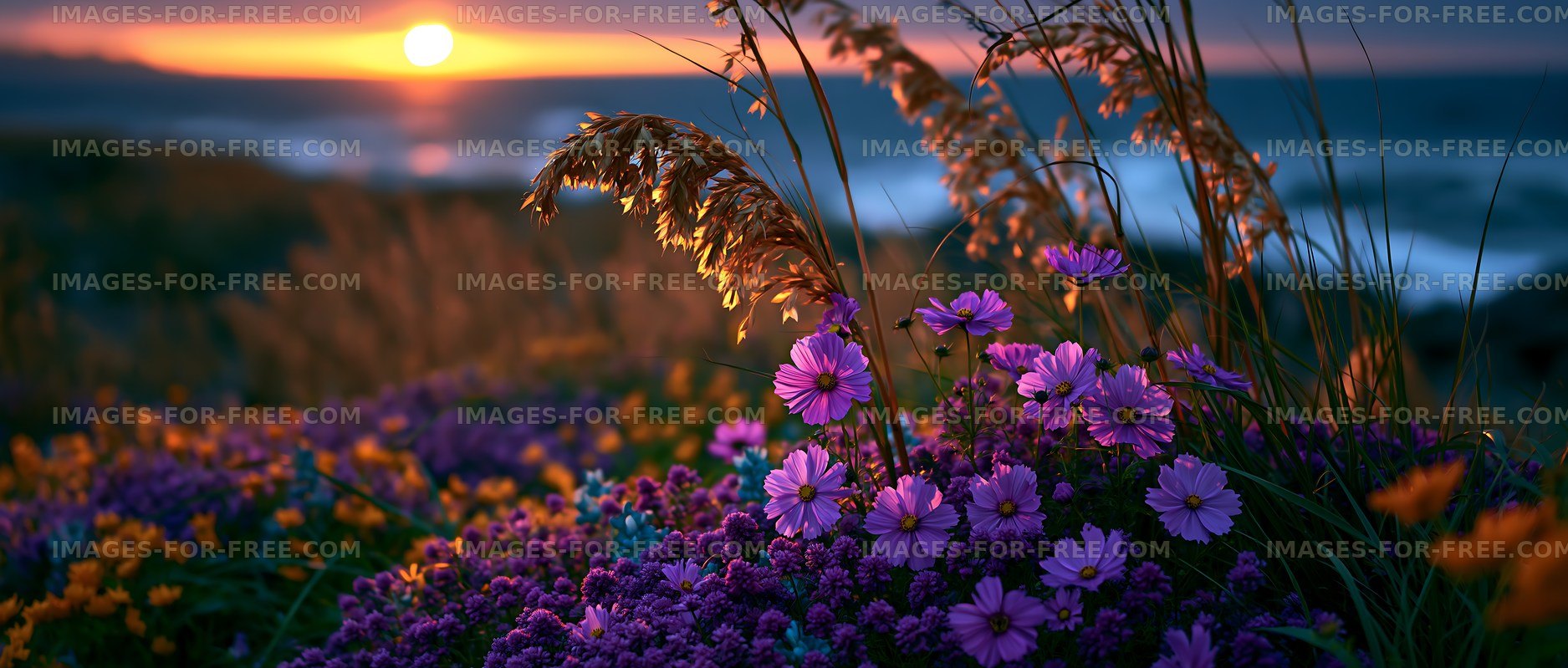 Sunset over flowers with ocean view