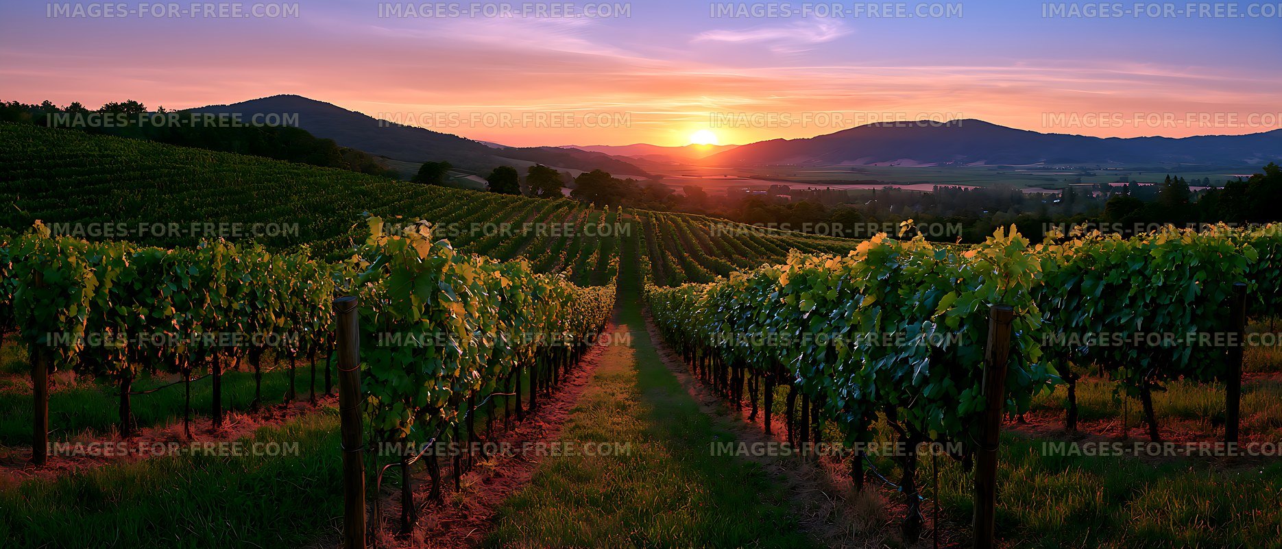 Sunset over vineyard rows and distant mountains