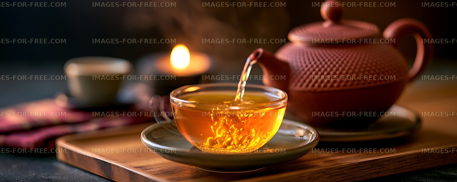 Warm tea pouring into a glass cup beside a teapot