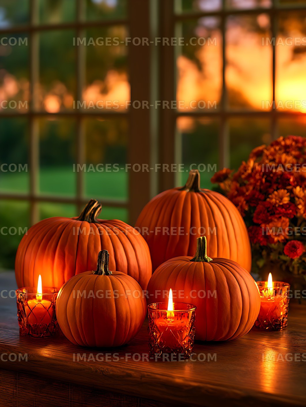 Pumpkin and candle still life in warm autumn light