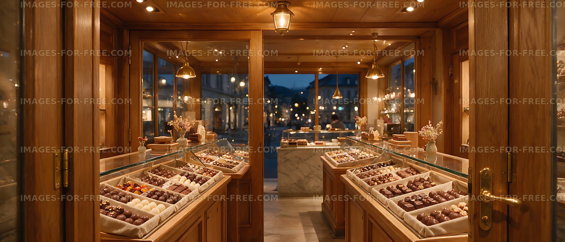 Warm wood chocolate boutique with praline displays