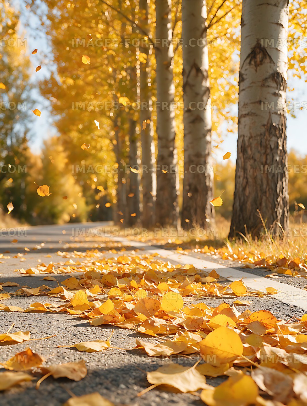 Sunlit autumn path covered in golden leaves