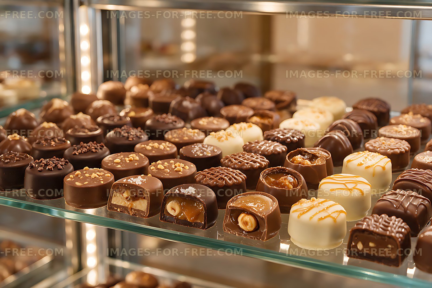 Assorted chocolates in a warmly lit shop display