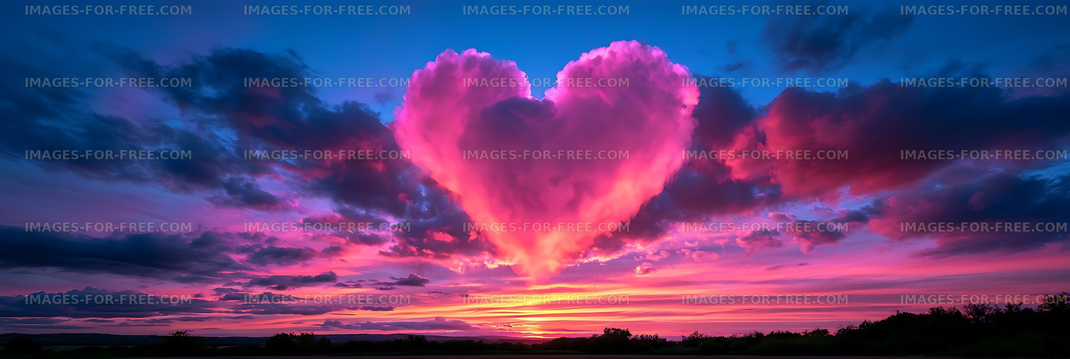 Heart-shaped pink cloud over a colorful sunset horizon