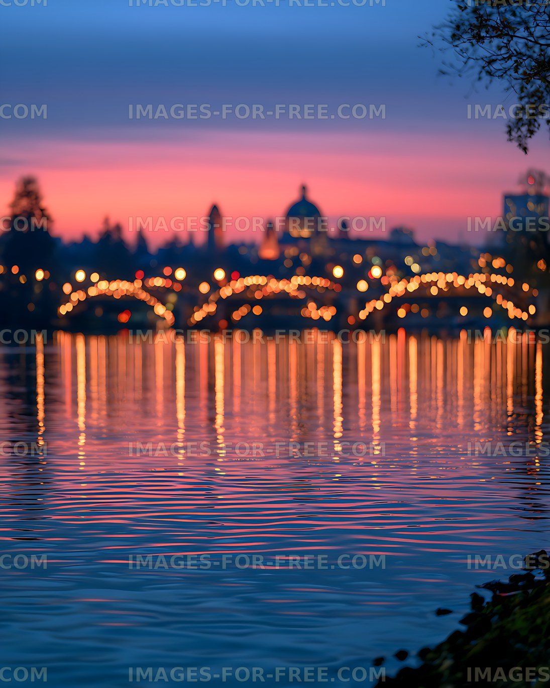 Dreamy twilight waterfront with glowing reflections