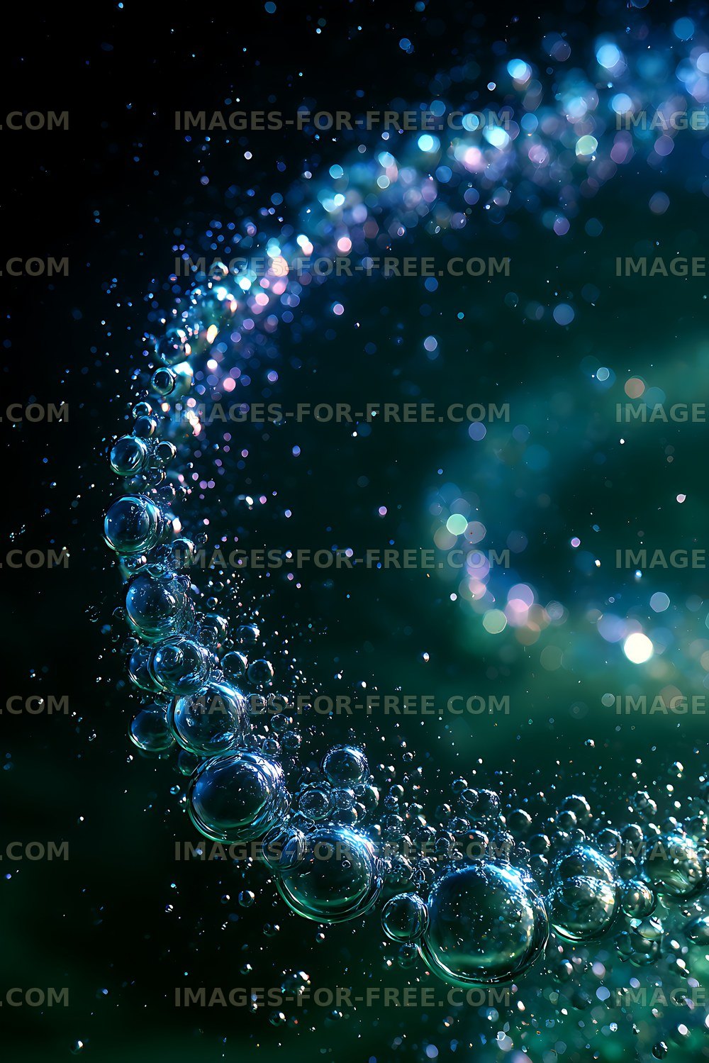 Colorful bubbles rising in dark water