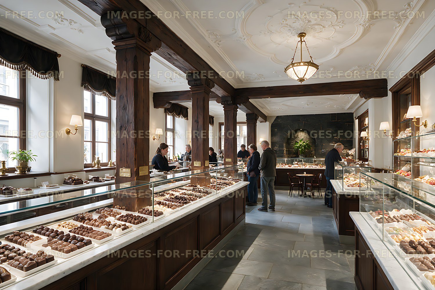 Elegant chocolate shop interior with assorted sweets