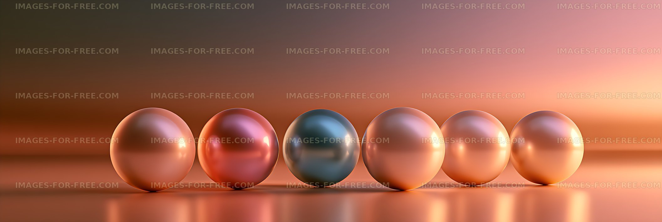 Row of six glossy spheres with reflections