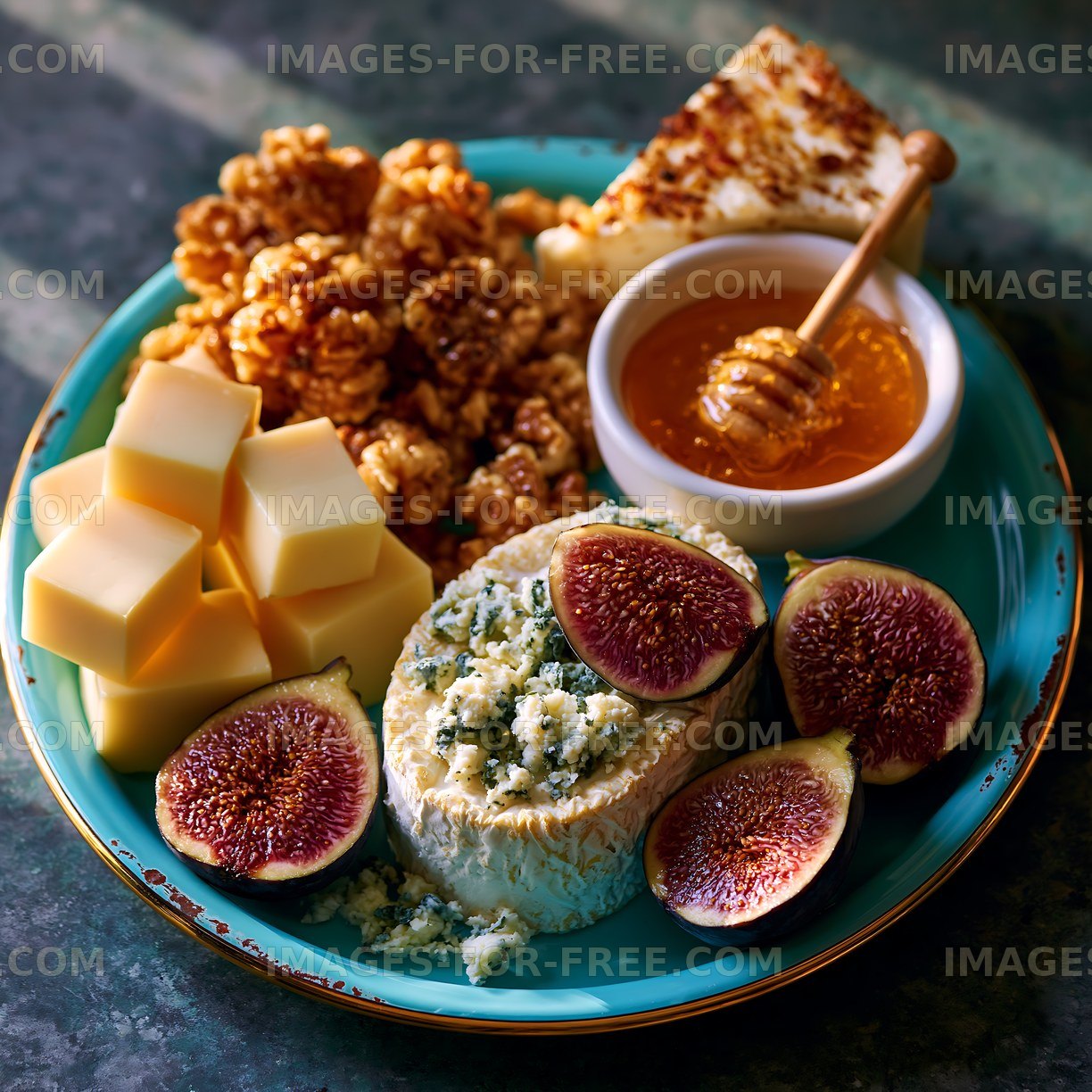 Artisan cheese board with fresh figs and honey