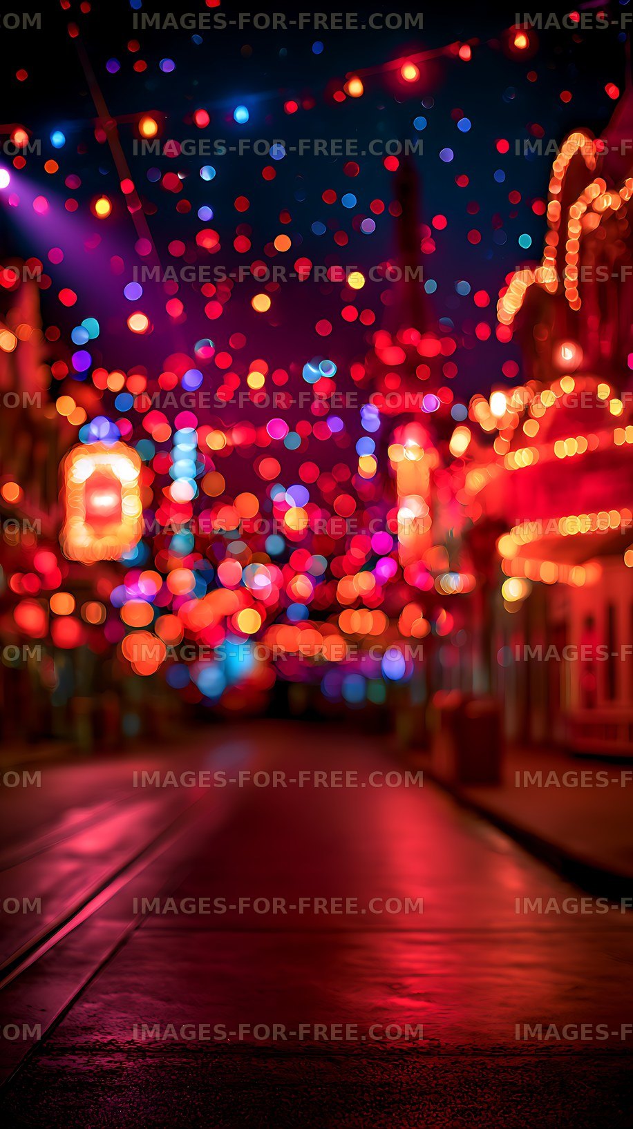 Colorful bokeh lights glowing over a wet urban street at night