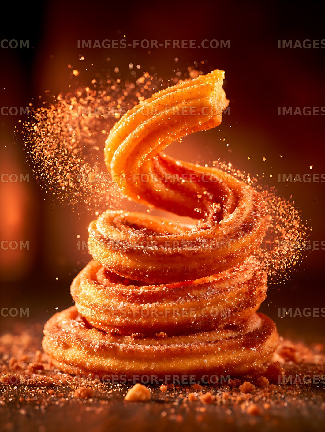 Golden fried pastry stack with sugar and scattered crumbs