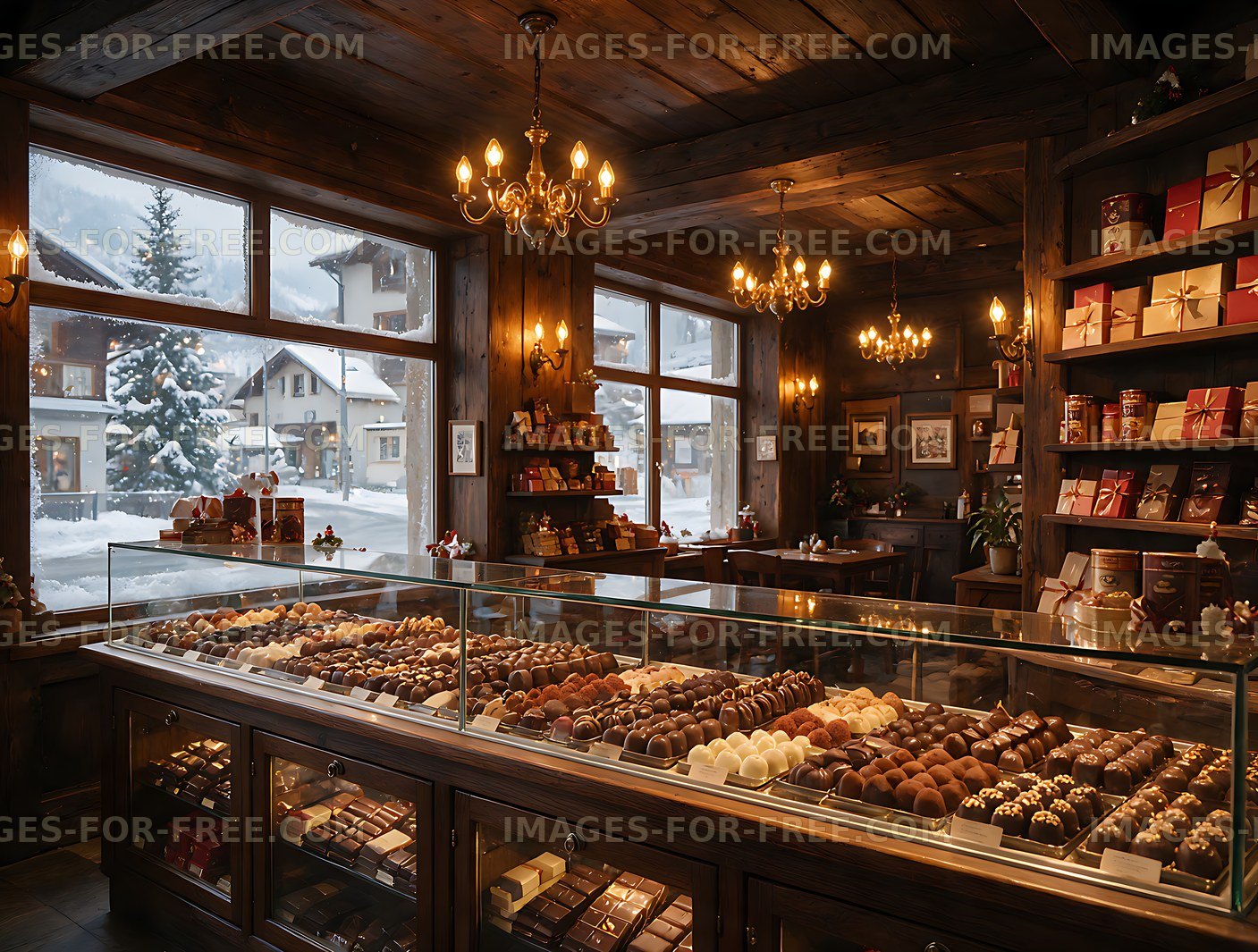 Chocolate boutique with sweets and snowy mountain village view