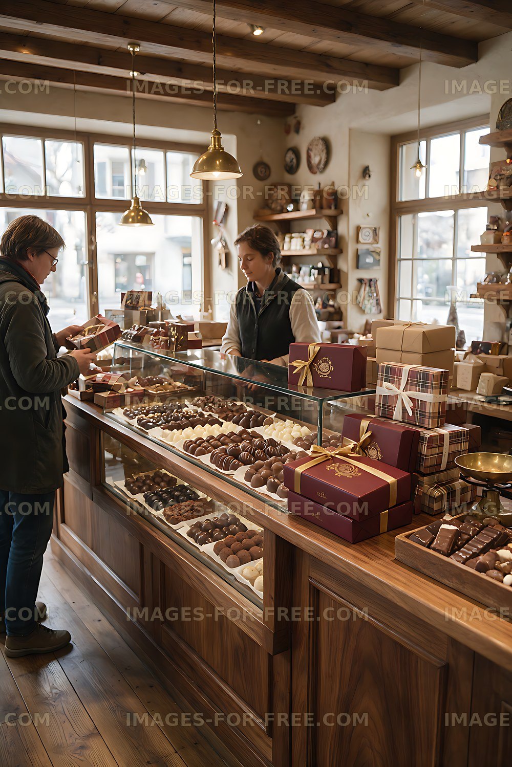 Warm chocolate shop interior with handmade sweets and gift packaging