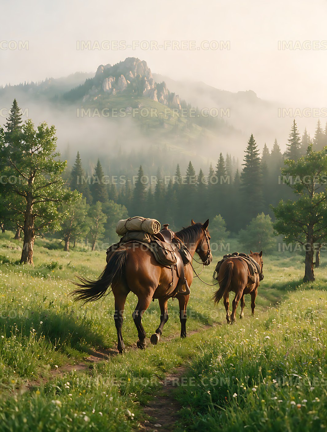 Saddled horses traveling through a misty mountain meadow