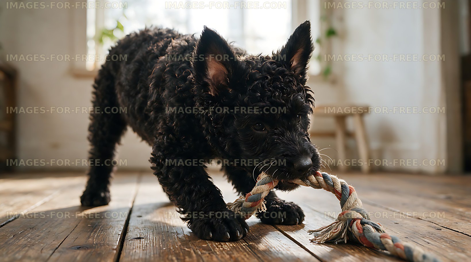 Curly black puppy tugging a braided rope toy
