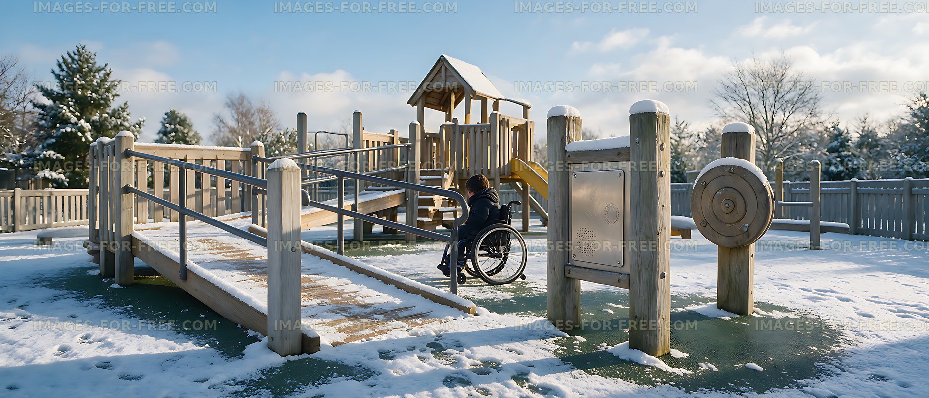 Wheelchair user at an accessible playground in winter