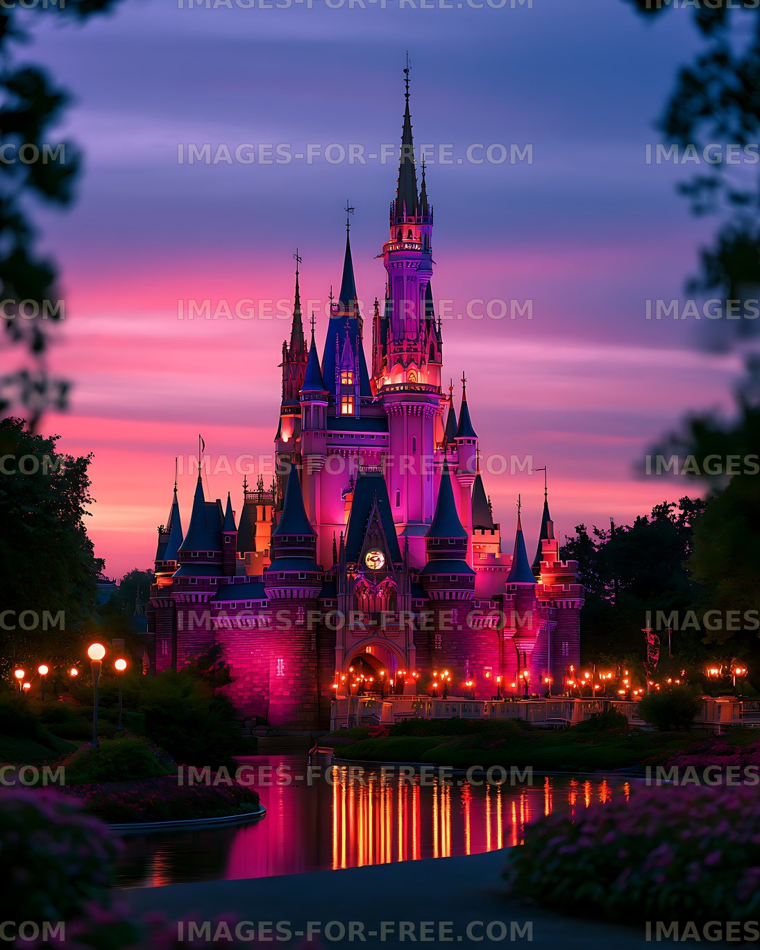 Colorful castle glowing beside reflective water at dusk