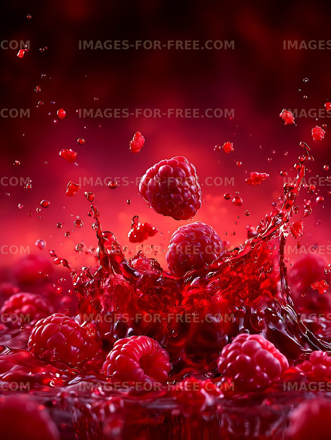 Raspberries and liquid splash on a red background