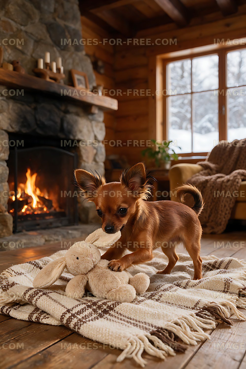 Puppy playing with stuffed toy beside a warm fireplace