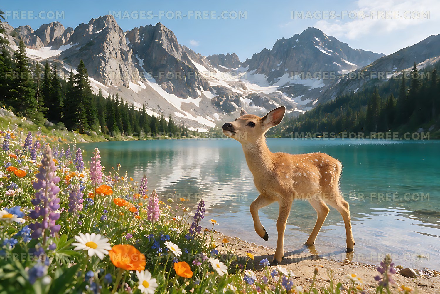 Deer at a turquoise alpine lake beneath snowy mountains