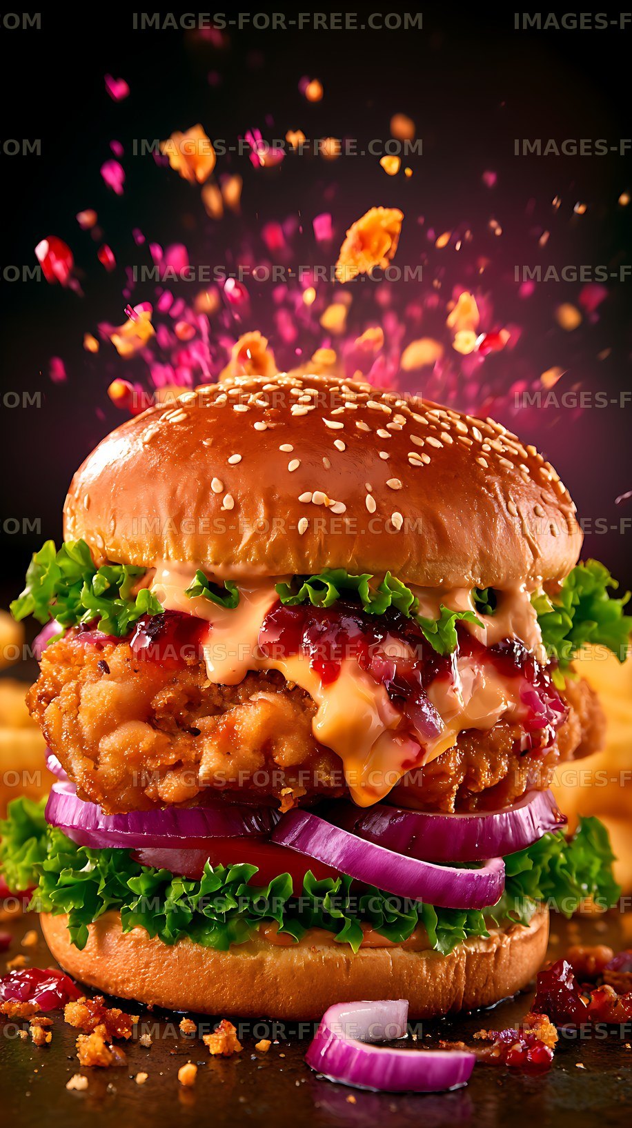 Loaded crispy chicken burger with sesame bun and fresh toppings