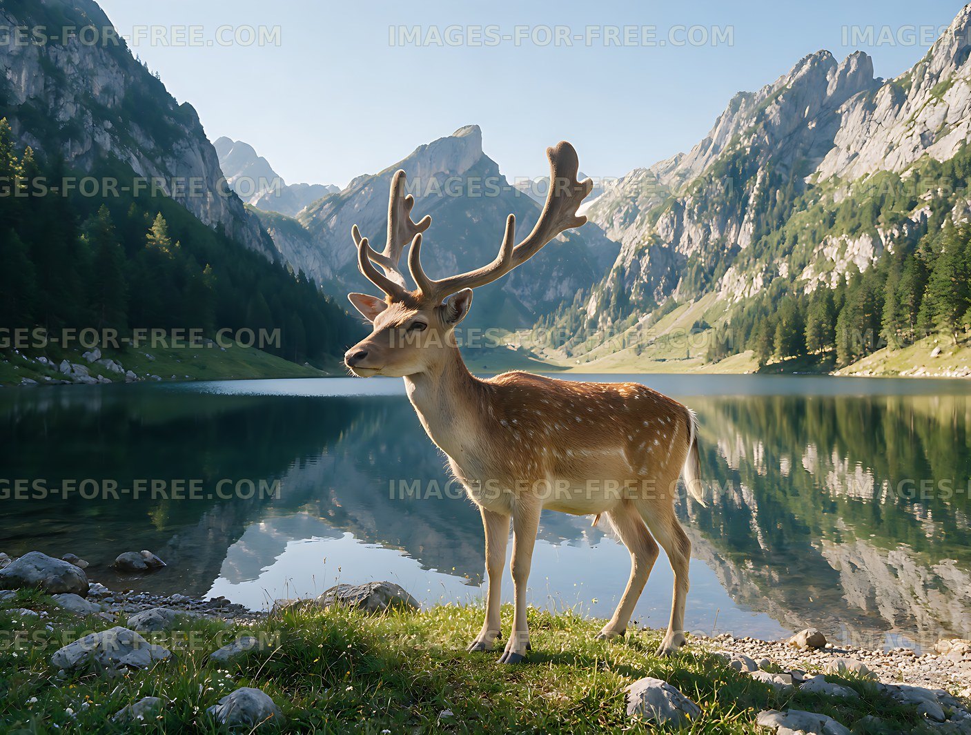 Antlered deer near mountain lake and rocky peaks