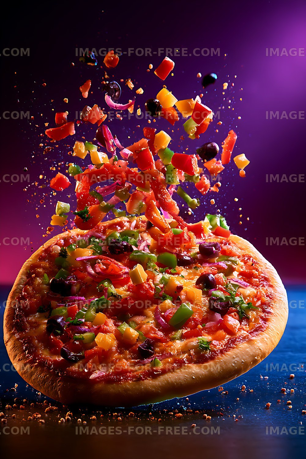 Colorful vegetable pizza with flying toppings