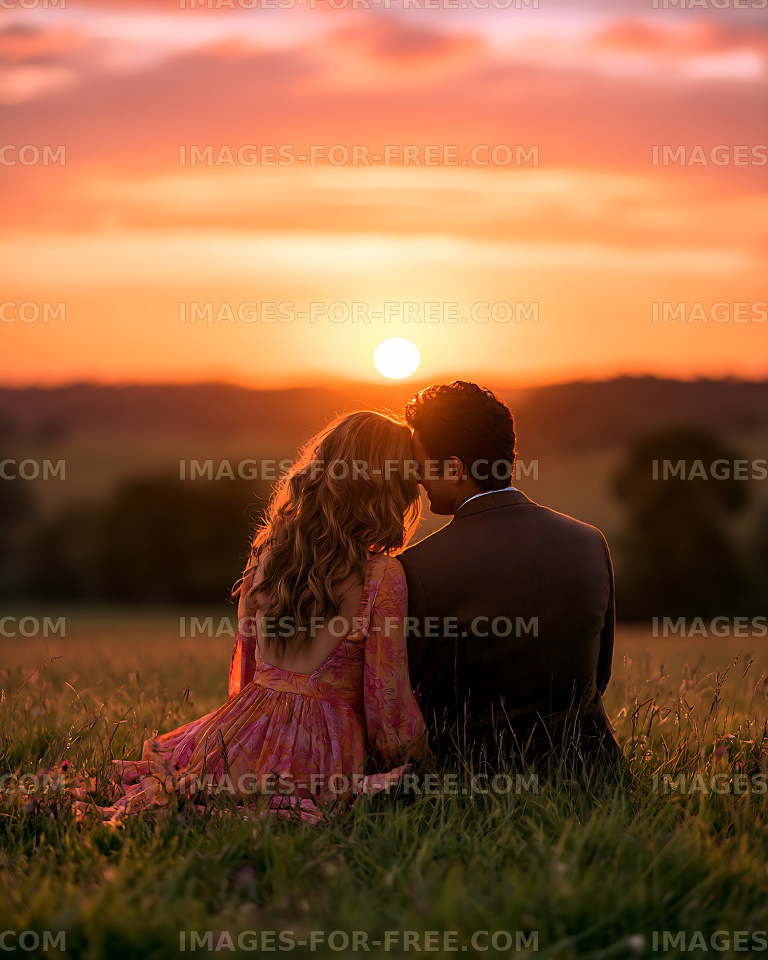 Romantic couple watching the sunset in a field