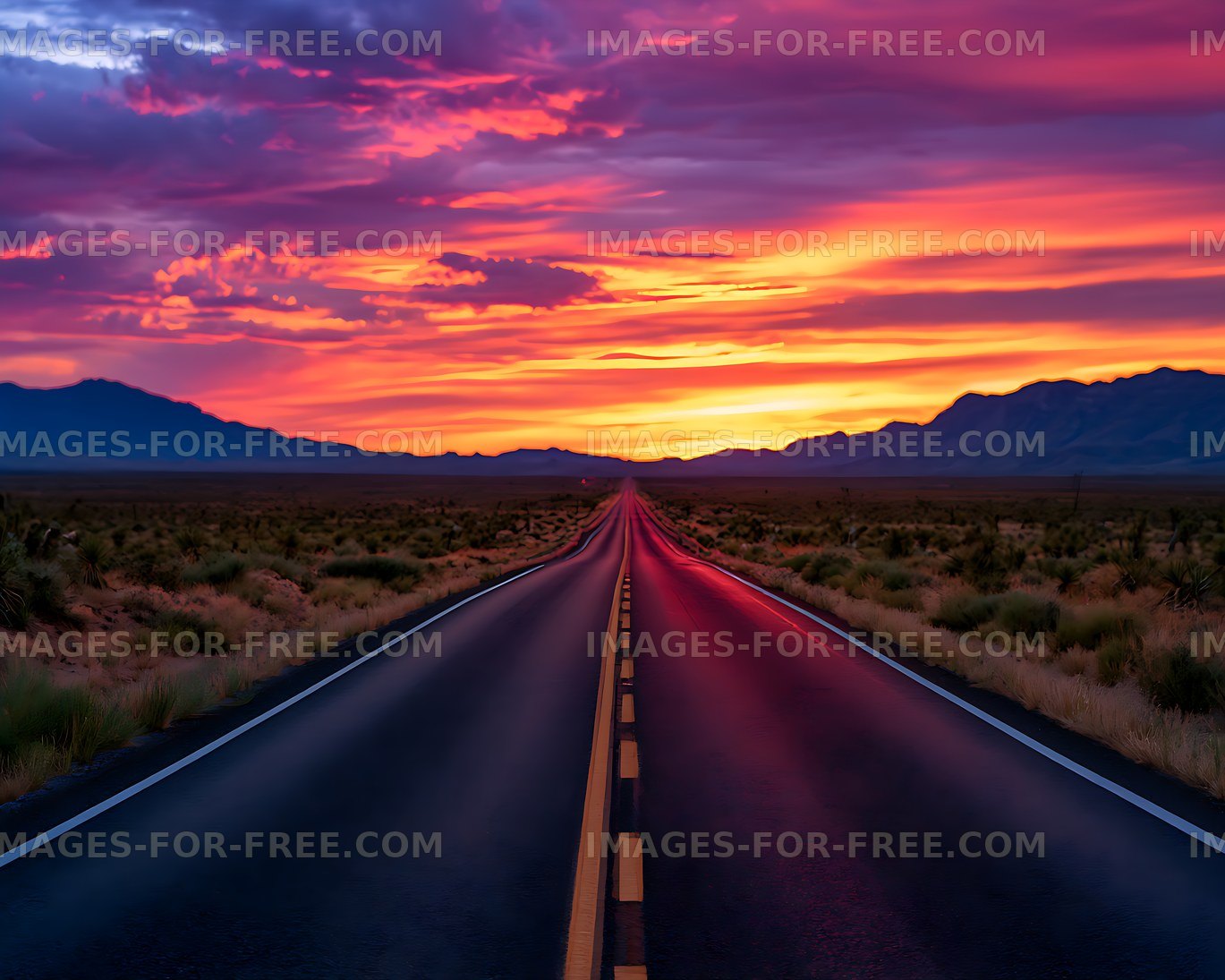 Vibrant sunset over a straight desert road