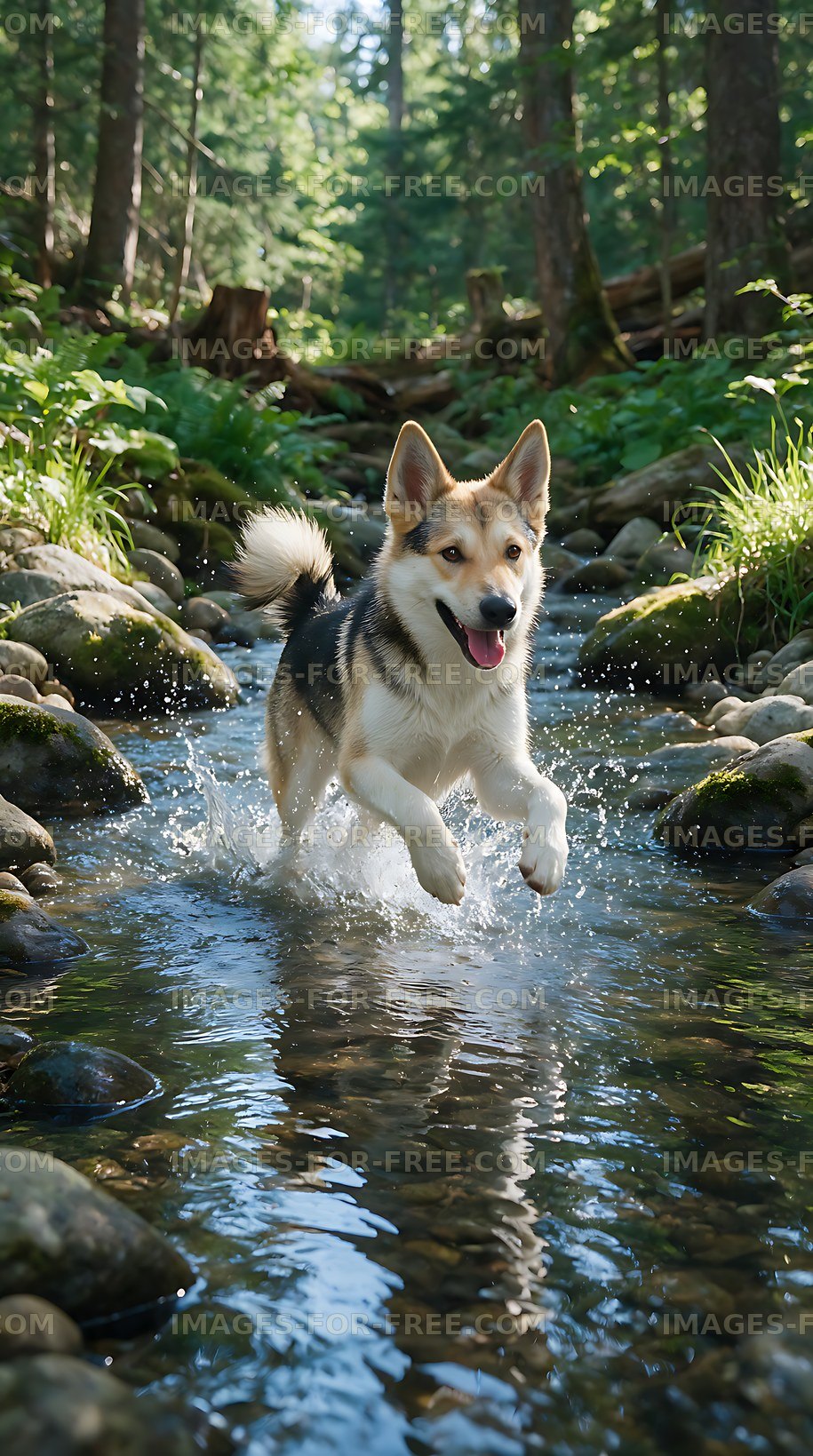 Young dog splashing through a woodland creek