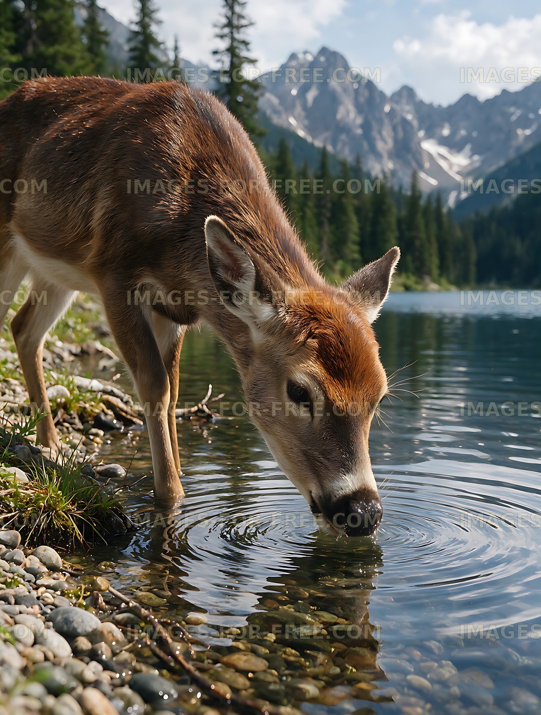 Deer drinking at a mountain lake