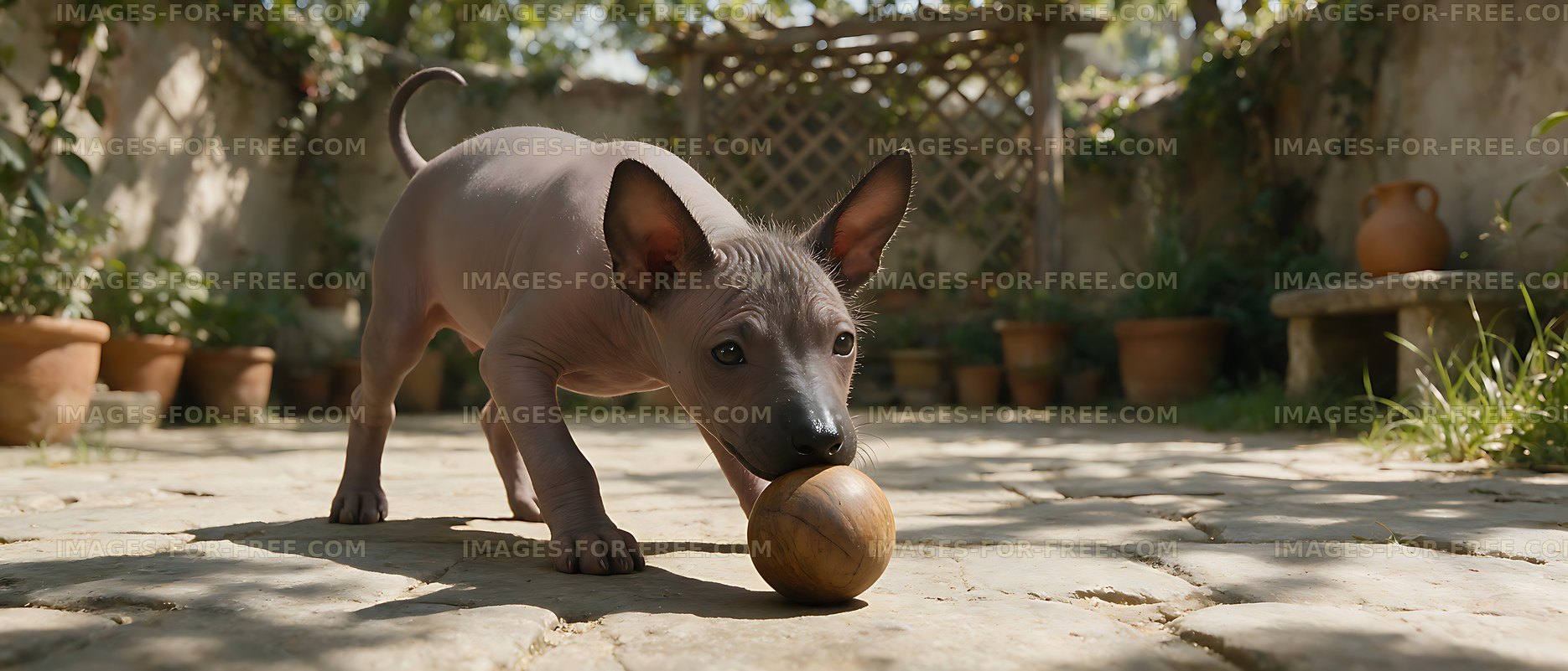 Hairless puppy with wooden ball outdoors