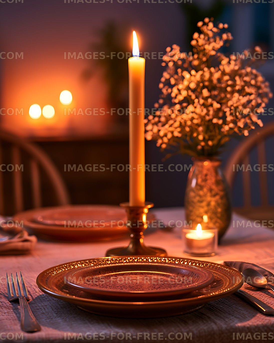 Warm candlelit table setting with floral centerpiece