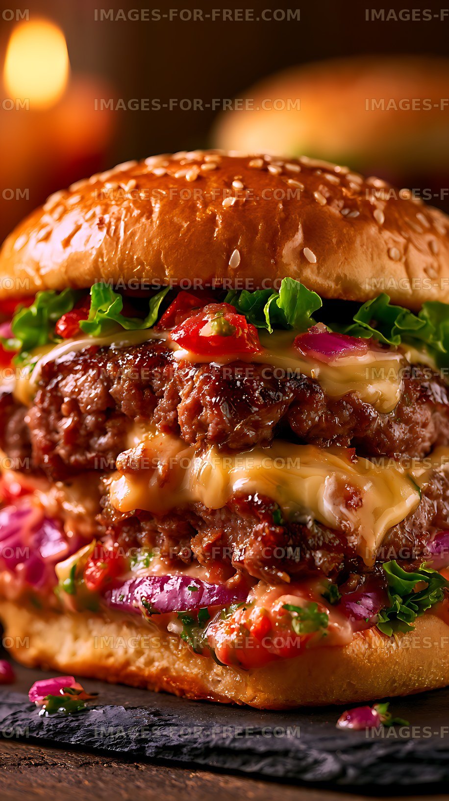 Close-up gourmet cheeseburger with fresh toppings
