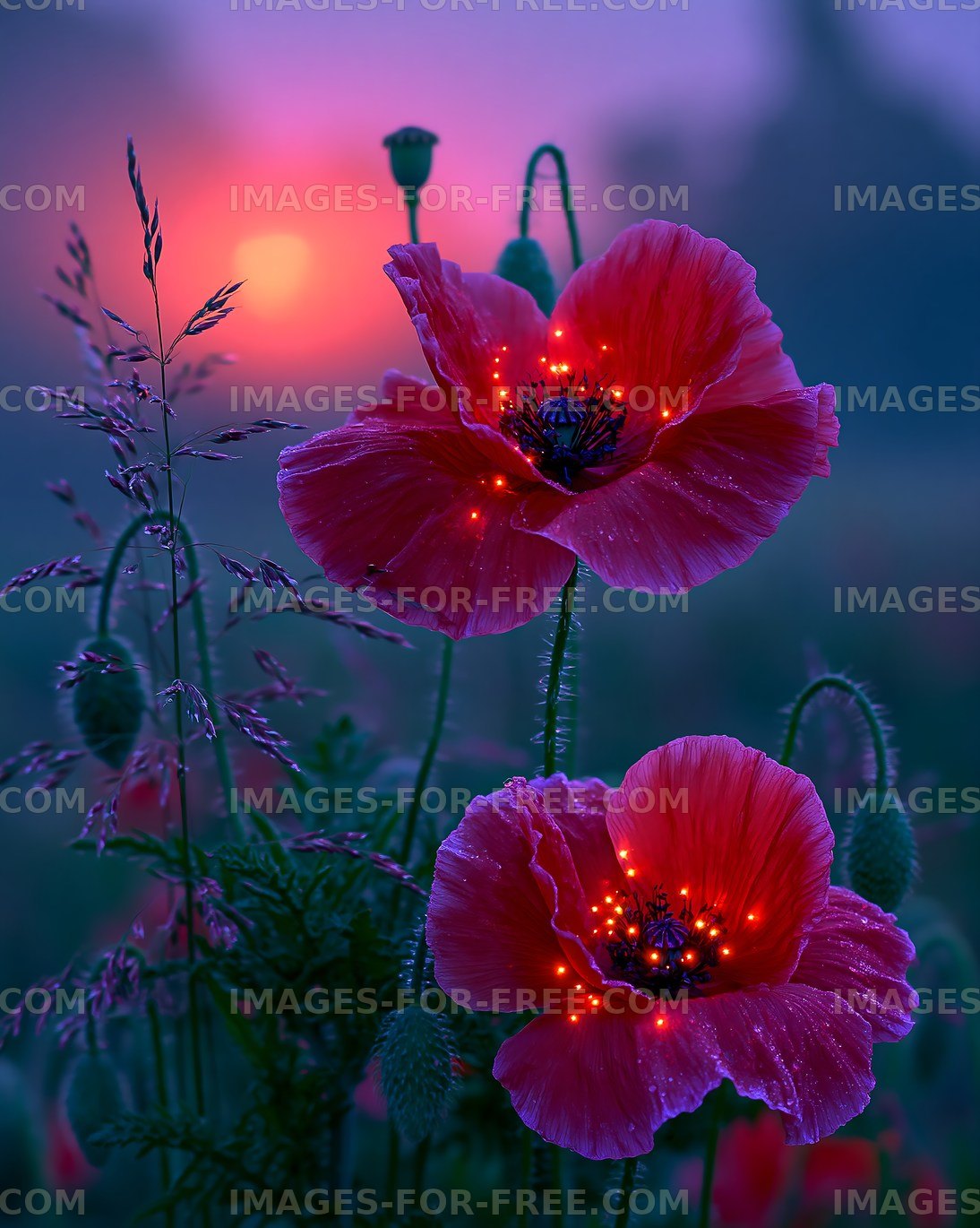 Red poppies blooming at sunset with glowing lights