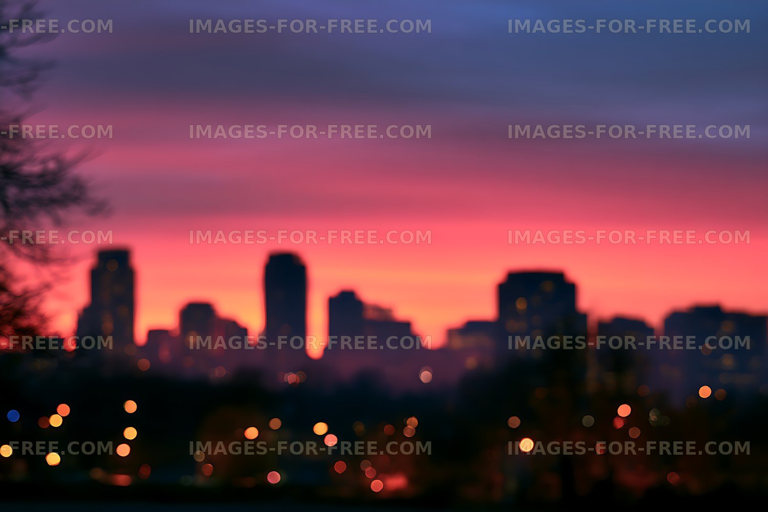 Soft focus urban skyline with bokeh at dusk