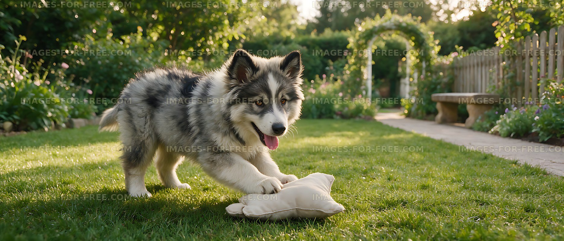 Gray and white puppy playing outdoors with a soft toy