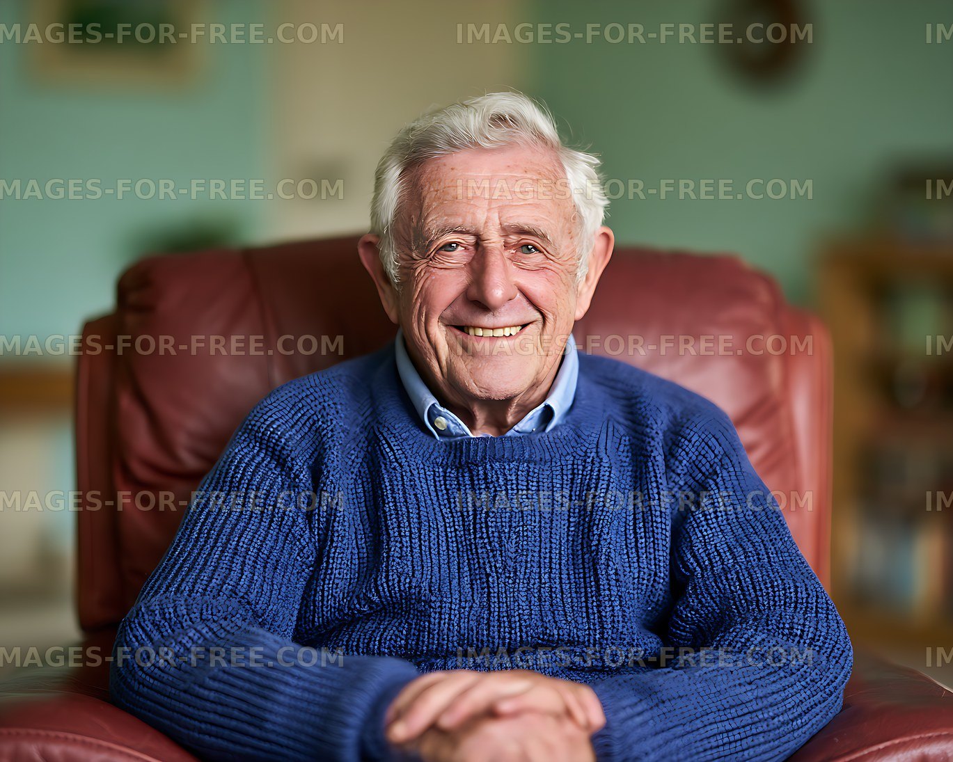 Friendly portrait of an elderly man in a blue sweater