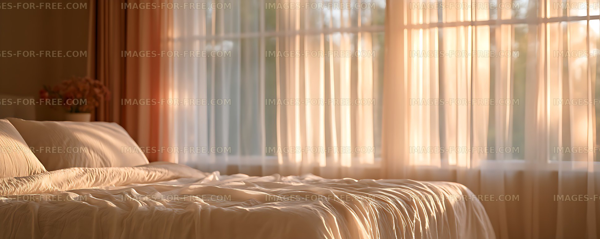 Warm sunlight across an unmade bedroom bed