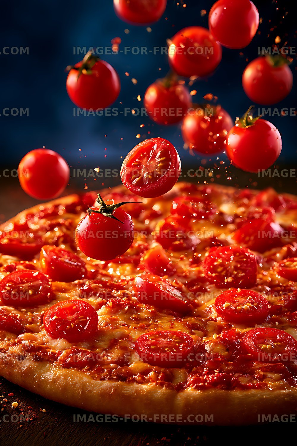 Fresh Pizza with Falling Tomatoes