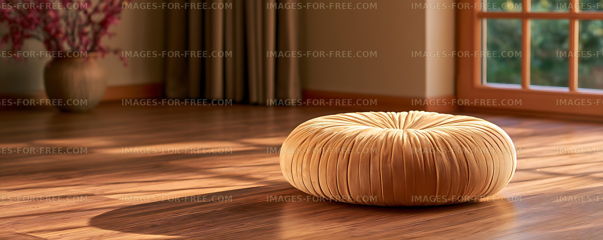 Round tufted cushion on a warm wooden floor