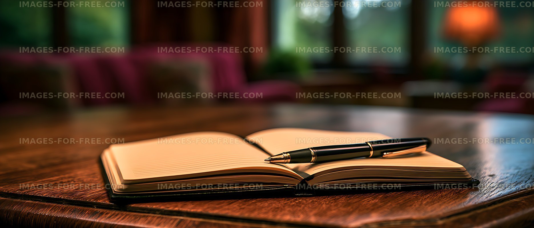 Open journal with black pen on rustic wooden tabletop