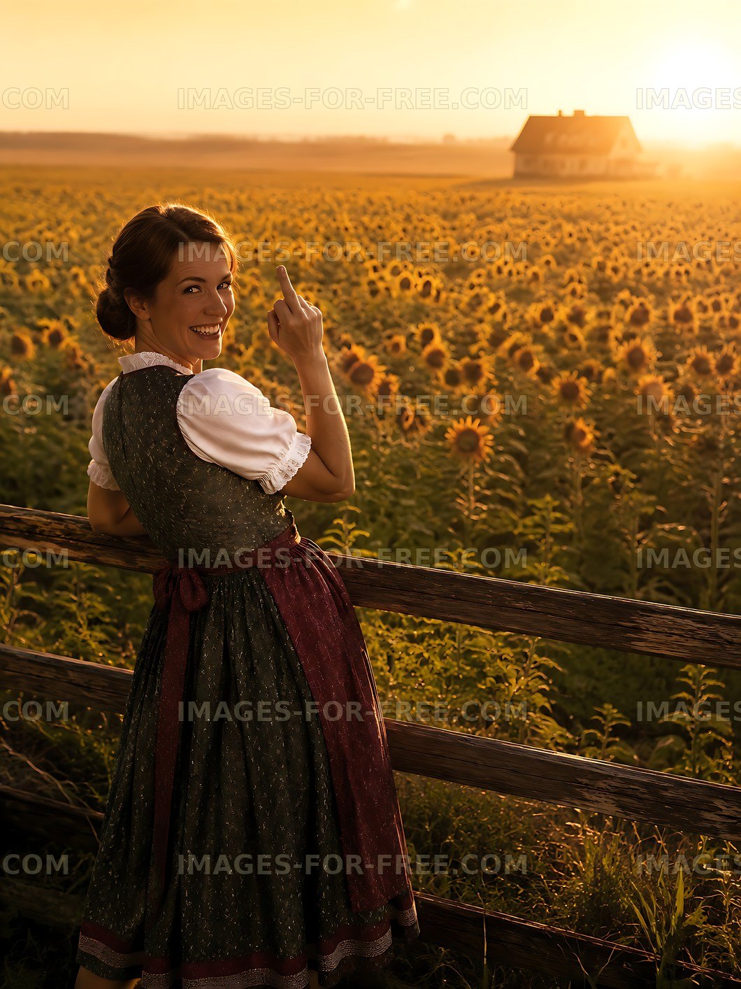 Woman in traditional dress gestures in a sunflower field at sunset