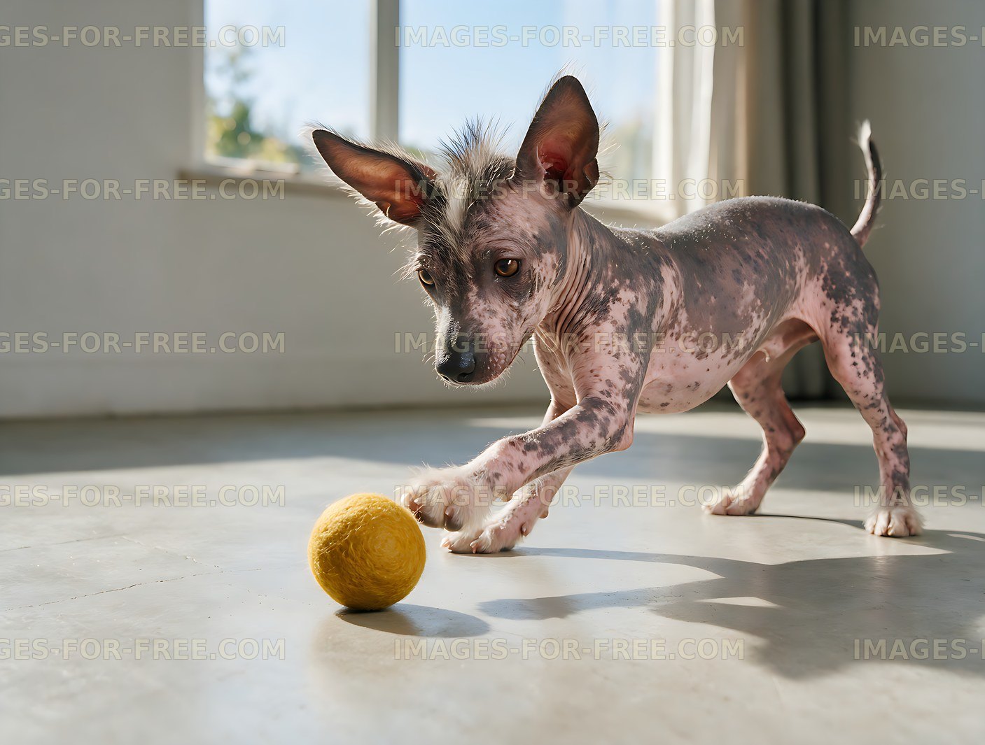 Hairless puppy playing with ball in a bright room