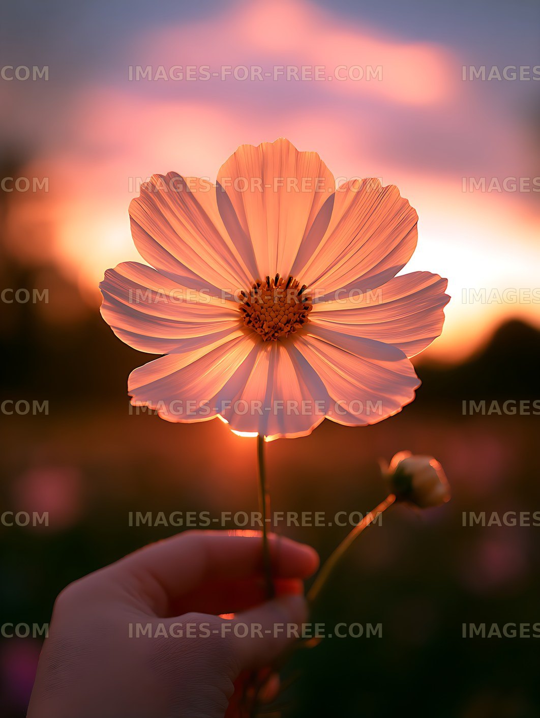 Pink cosmos flower held against a glowing sunset