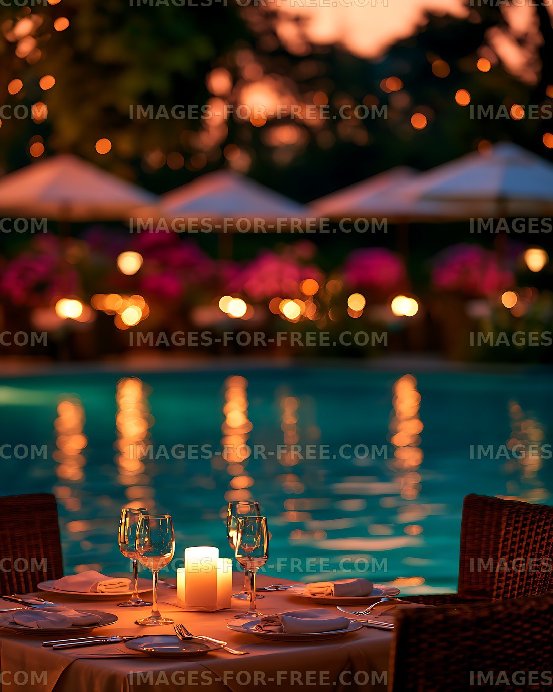 Outdoor candlelit dining table by a pool