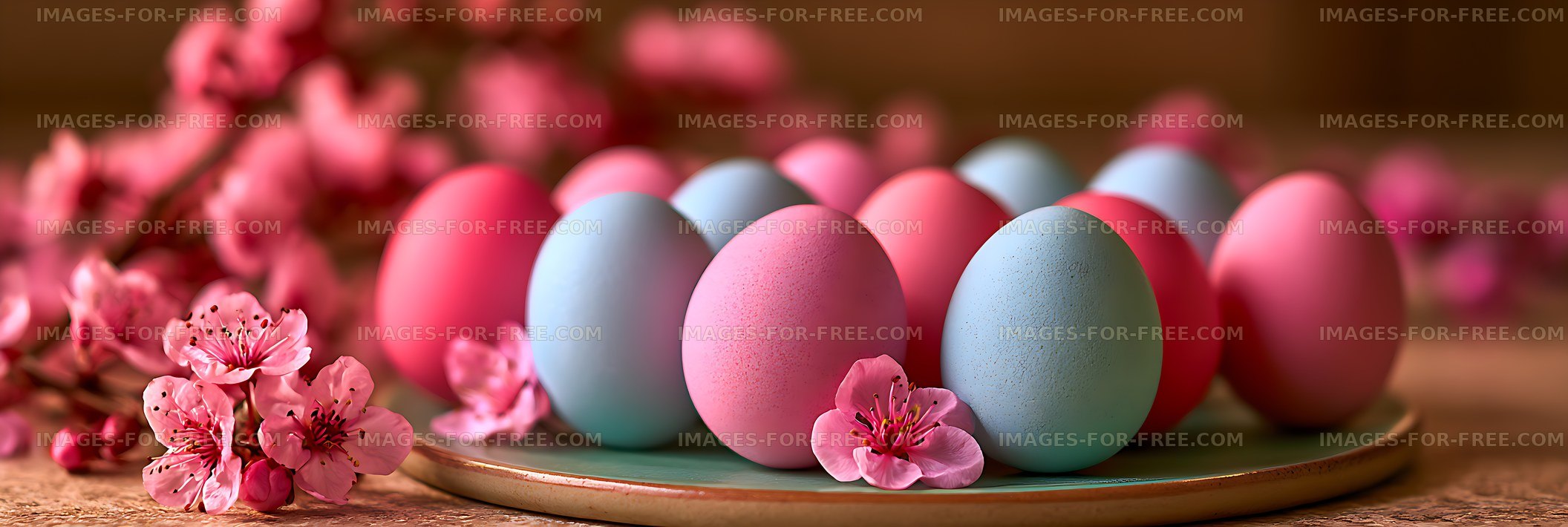 Pastel colored eggs with spring flowers